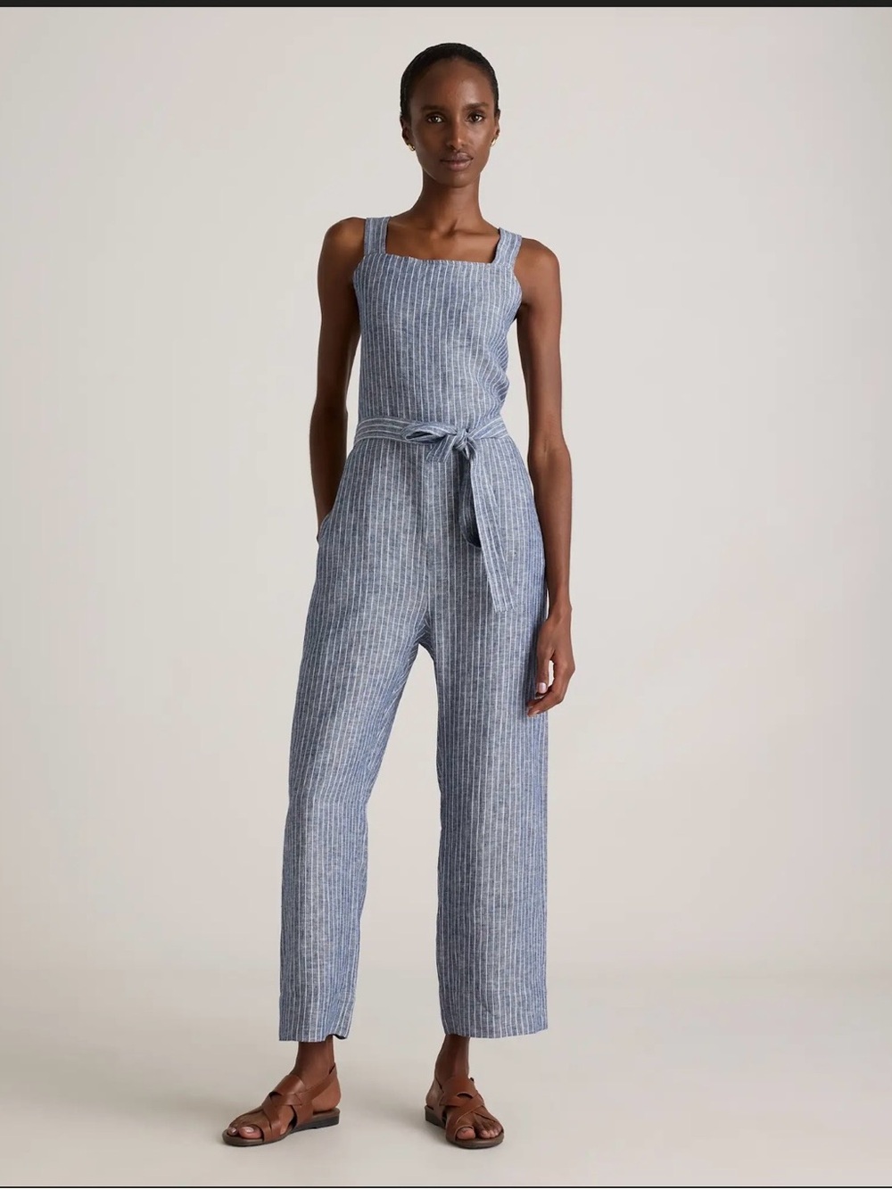 Quince Blue Striped Sleeveless Linen-Blend Jumpsuit with Waist Tie